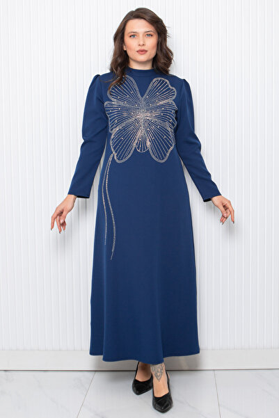 DENİMİNİ Taş İşleme Double Krep Kumaş Büyük Beden Tesettür Abiye Elbise DNM948