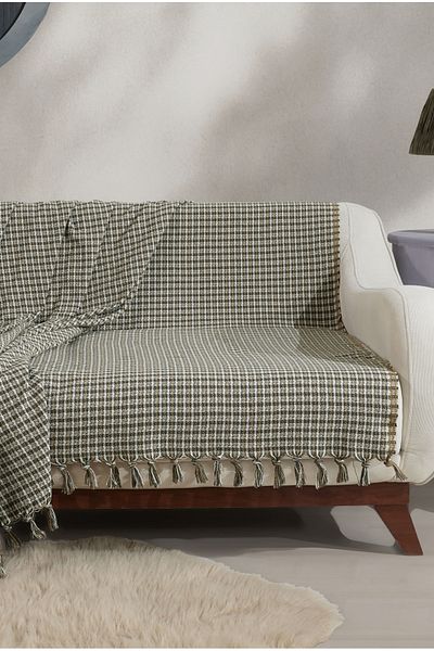 Lux Touch Luna Khaki and Mustard Plaid 180X200 cm Cotton Seat Cover - Couch Sofa Bed Bottom