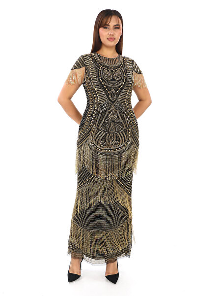 GATSBYLADY LONDON TİNA - EL İŞLEMELİ , TAŞEL DETAYLI PÜSKÜLLÜ ELBİSE