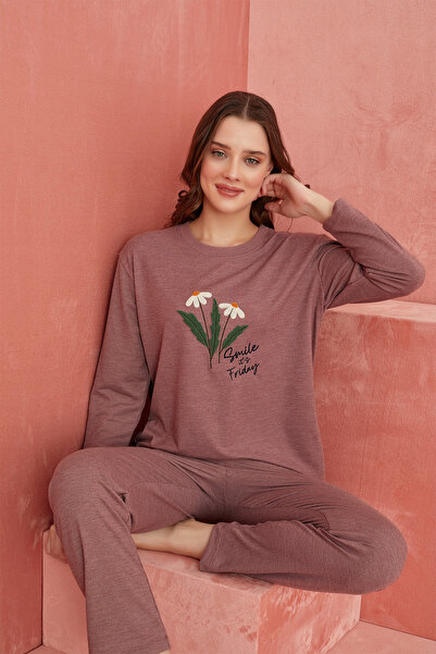 ELİTOL Gül Kurusu Papatya Desenli Kaşmir Pijama Takım