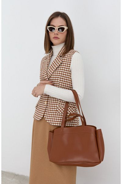 Fatma Atasoy Mocha Coffee Color Short Houndstooth Stamp Vest