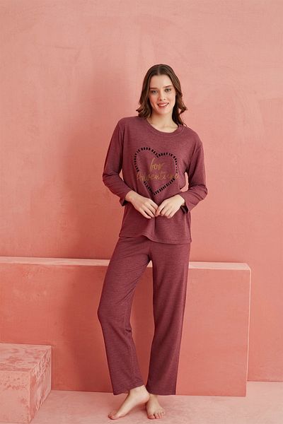 ELİTOL Set pijama din cașmir cu model inimă burgundă