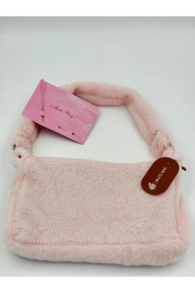 fluffy Baby Pink Halkalı Baget / Toz Pembe Peluş Omuz Ve El Çantası
