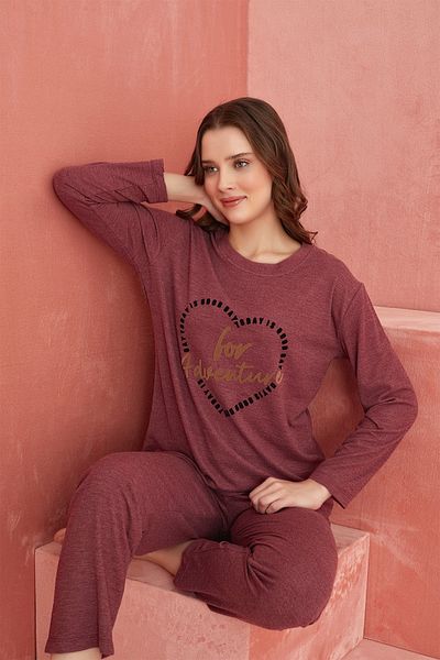 ELİTOL Set pijama din cașmir cu model inimă burgundă