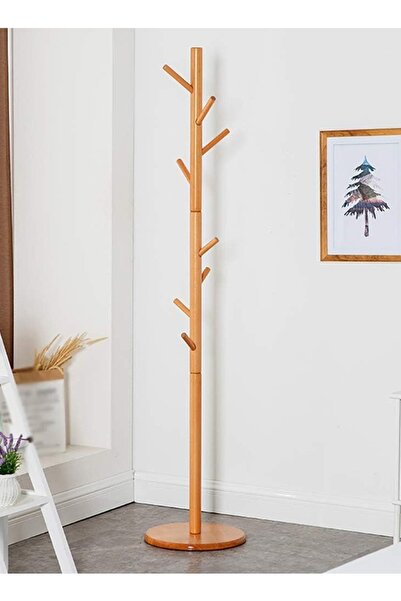 Taimi Sturdy Floor-Standing Coat Rack, Tree-Shaped, Round Base, Wood Color, with 8 Hooks - 171H x 38W cm