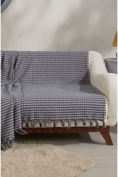 Lux Touch Luna Navy Blue και Beige καρό 180x200 cm Βαμβακερό κάλυμμα καναπέ-κρεβάτι