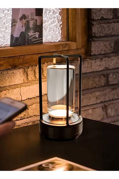 Taimi Crystal Lantern Table Lamp, Modern Wireless Rechargeable, Dimmable Night Light, Black