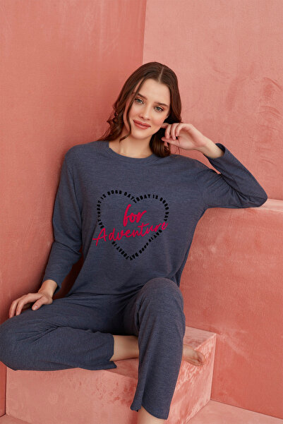 ELİTOL Set de pijamale din cașmir cu model de inimă bleumarin