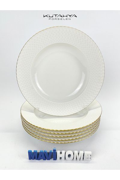Kütahya Porselen Cream 22 cm Dinner Plate with Gold Gilded Edges and Square Patterns, Set of 6
