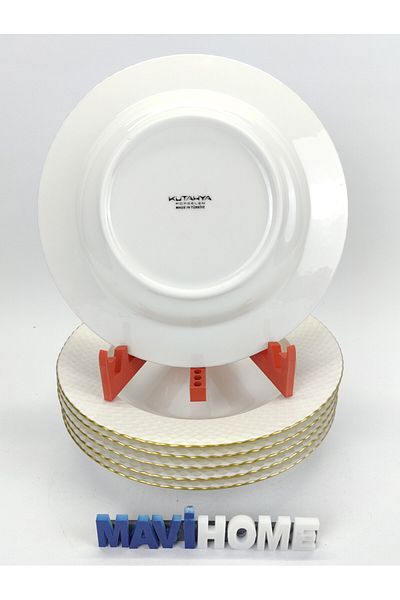 Kütahya Porselen Cream 22 cm Dinner Plate with Gold Gilded Edges and Square Patterns, Set of 6
