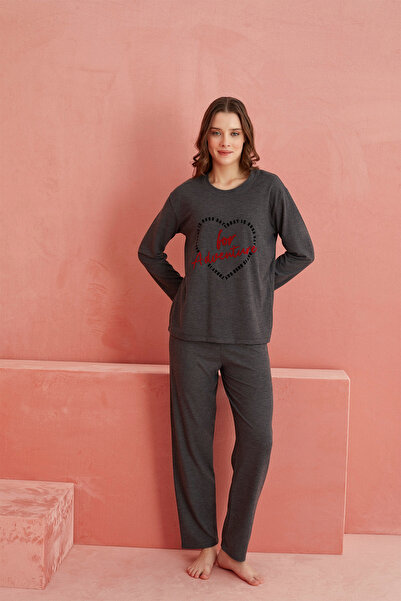 ELİTOL Antrasit Kalp Desenli Kaşmir Pijama Takım