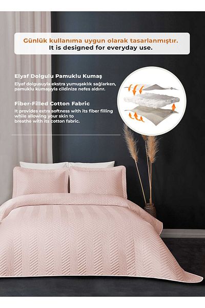 Evlen Home Collection Ross 100% Cotton Double Bedspread - Quilted Striped, Washable Powder