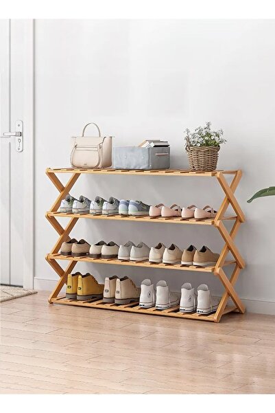 Taimi رف أحذية قابل للطي والحمل من الخيزران، مكون من 4 طبقات، لون بيج - 100 طول × 25 عمق × 68 ارتفاع سم