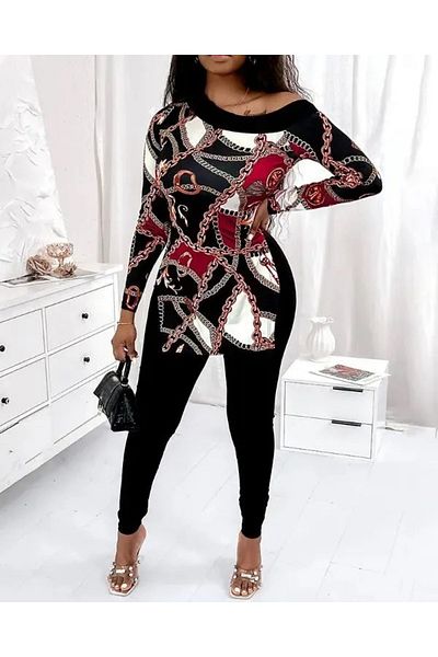 DervisIN Mra Fashion Women's Long Sleeve Chain Pattern One Shoulder Low Micro Blouse