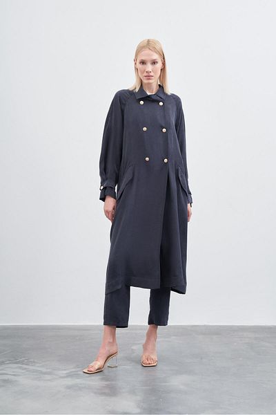 TERZİ DÜKKANI Navy Blue Prime Silk Trench Coat - Stonewashed