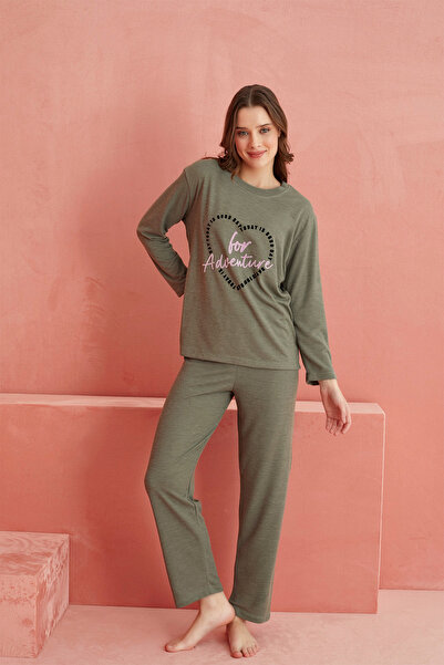 ELİTOL Yeşil Kalp Desenli Kaşmir Pijama Takım