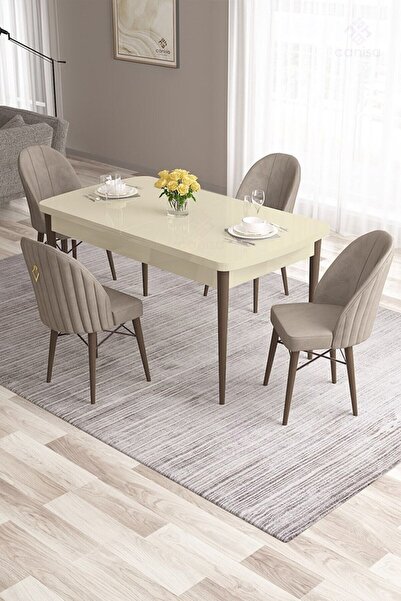 Canisa Roz Serisi 80x132 Mdf Açılabilir Krem Masa Ceviz Ayak Masa Takımı Ve 4...