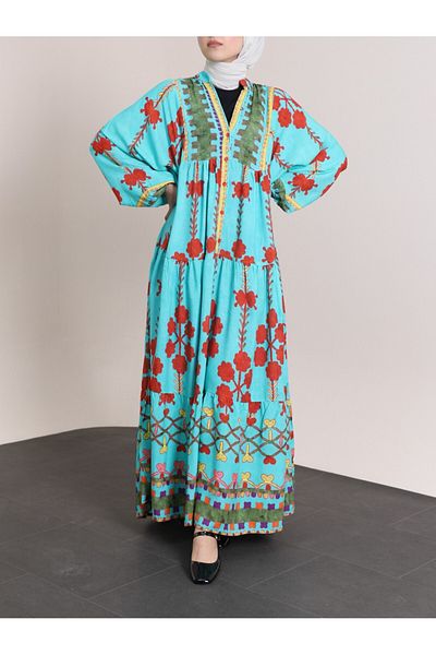 Modamorfo Elastic Sleeves Stand Collar Half Button Viscose Dress -Turquoise