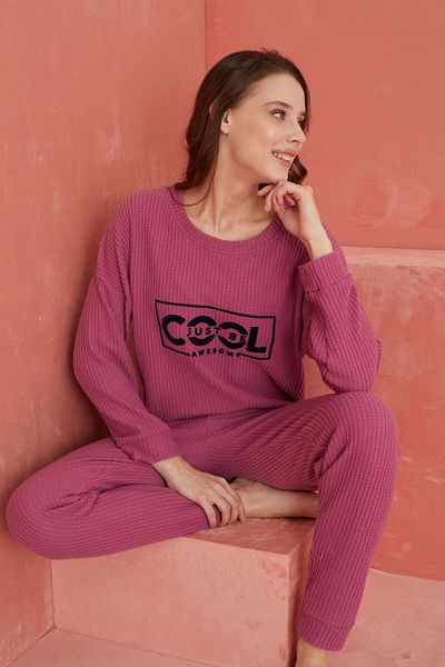 ELİTOL Set de pijamale Pitikare Waffle cu imprimeu Plum Cool