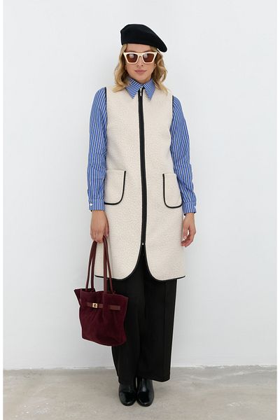 Fatma Atasoy Ecru Teddy Vest with Piping