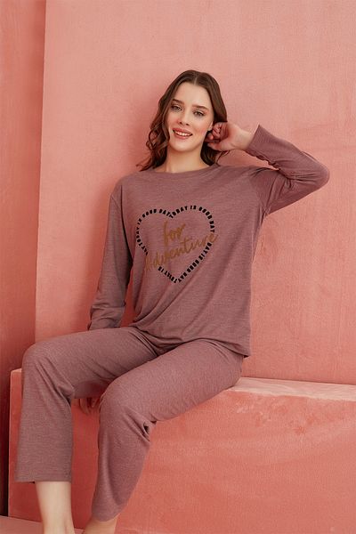 ELİTOL Dusty Rose Heart Patterned Cashmere Pajama Set