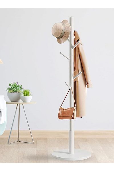 Taimi Sturdy Floor-Standing Coat Rack, Tree-Shaped, Round Base, White Color
