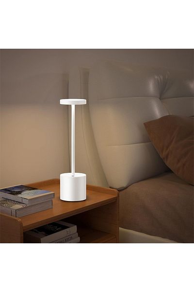Taimi Rechargeable Cordless Metal Table Lamp, 3-Level Brightness, Battery Operated, White.