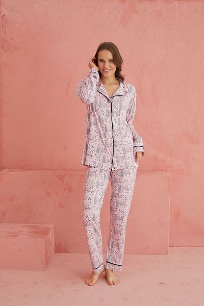 ELİTOL Set de pijamale cu nasturi în față din viscoză cu modele multicolore