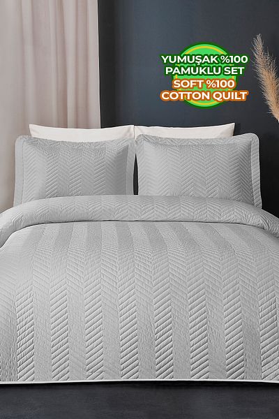 Evlen Home Collection Ross Gray Quilted Striped 100% Cotton Bedspread - Double, Washable