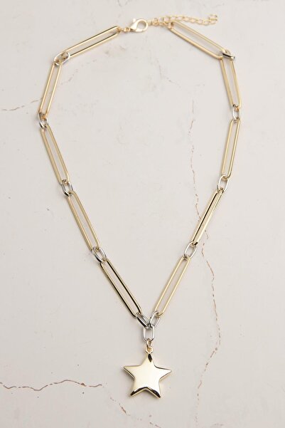 Modex Altın Gümüş Rengi Yıldız Figürlü Kolye (50cm)