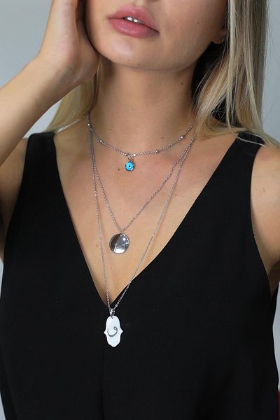 Modex Silver Color Pearlescent Vav Written Triple Necklace