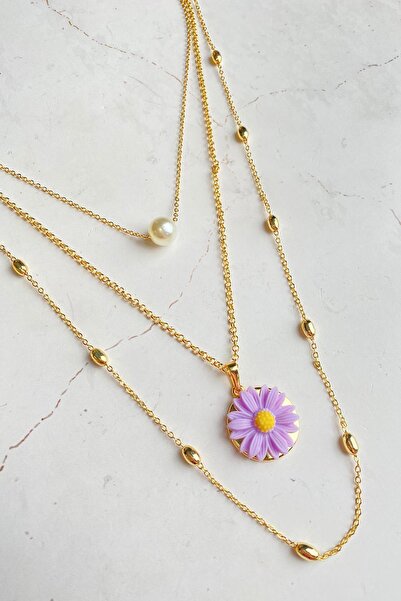 Modex Papatya Figürlü Altın Rengi Üçlü Kolye