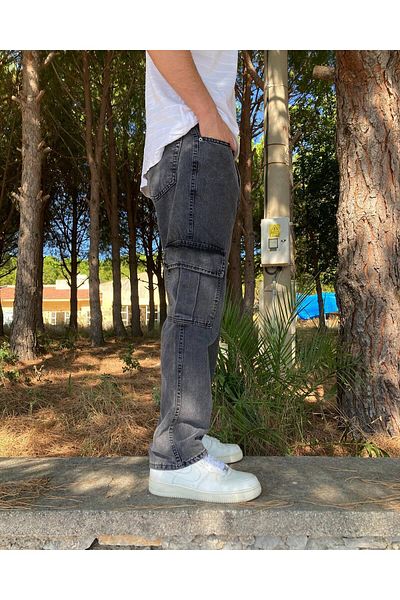 He Brand Ανδρικό γκρι λείανση φαρδύ παντελόνι Cargo Pocket Jeans