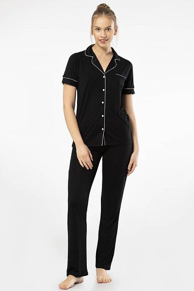 TÜREN Plain Short Sleeve Shirt Collar Pajama Set