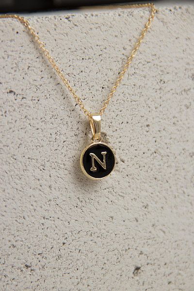 Modex Gold Color Black Enamel Letter Necklace
