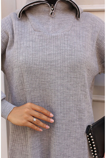 sefamerve Ribbed Knitwear Set with Zippered Collar 11036-06 Gray