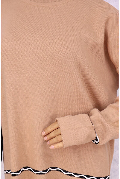 sefamerve Milk Coffee Stitching Detailed Knitwear Set - 24029-02