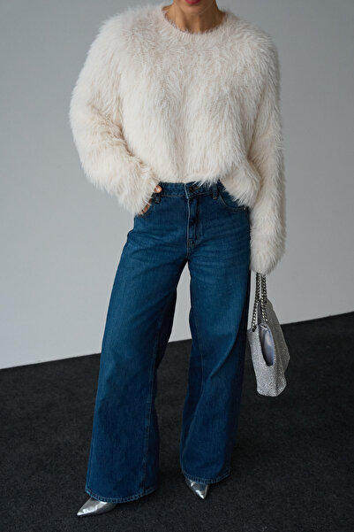 LOOSH Kadın Bisiklet Yaka Kemik Kürk Görünümlü Kazak