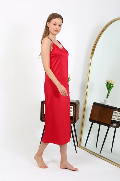 Akbeniz Slit Long Satin Nightgown Red 7410