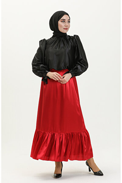 sefamerve Gathered Satin Skirt 85068-02 Claret Red