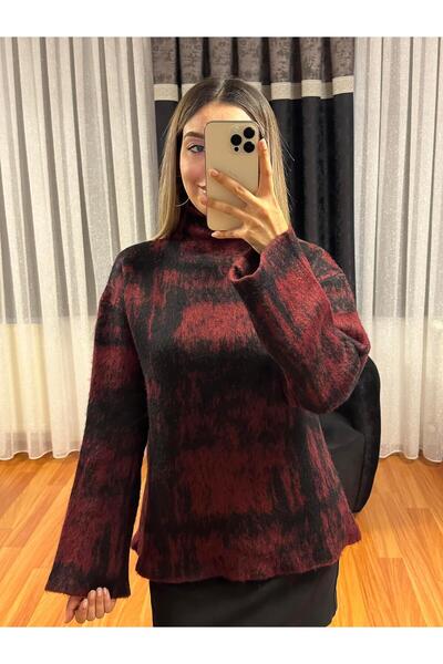 SHINE STYLE Bordo Desen Geniş Kol Boğazlı Kazak