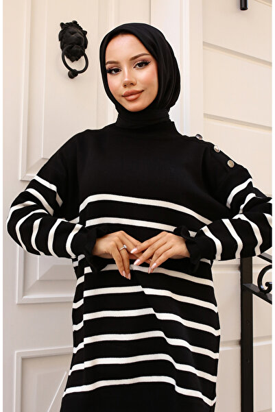 sefamerve Black Striped Shoulder Detailed Knitwear Set 24019-03