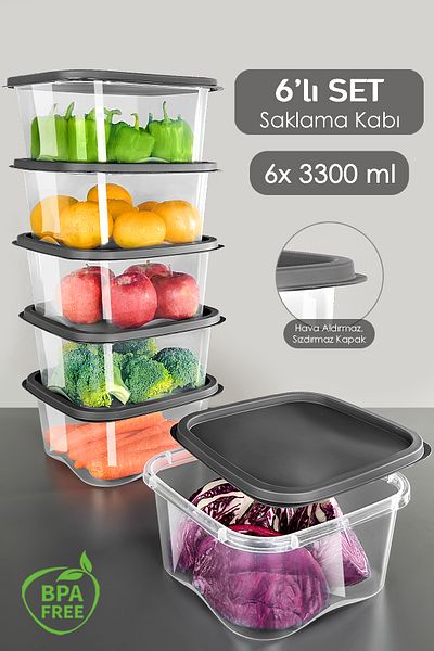 Meleni Home 6 Pieces Anthracite Food Storage Container - Microwave Deep Freezer 3300ml