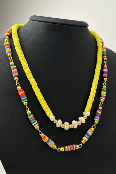 Modex Colorful Double Fimo Necklace with Pearl Detail (Size:43+5 cm)