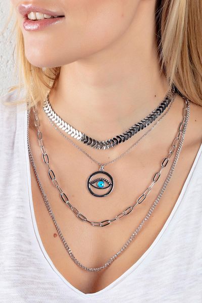 Modex Silver Color Multiple Chain Eye Necklace