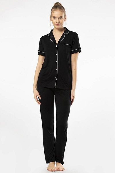 TÜREN Plain Short Sleeve Shirt Collar Pajama Set