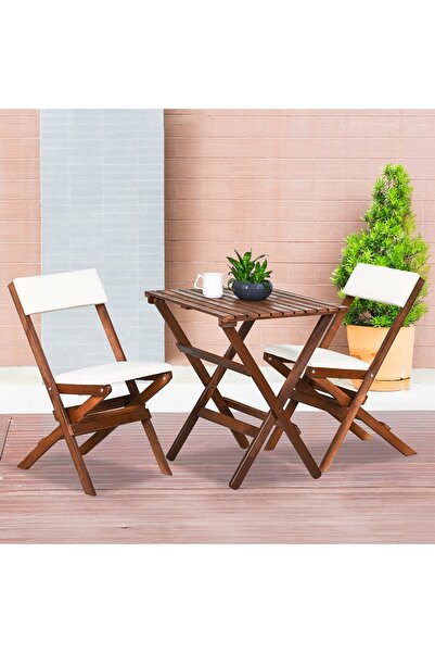 Bysay AHŞAP KATLANIR DÖŞEME MİNDERLİ 3 lü BİSTRO SET BAHÇE TAKIMI (CEVİZ-KREM)