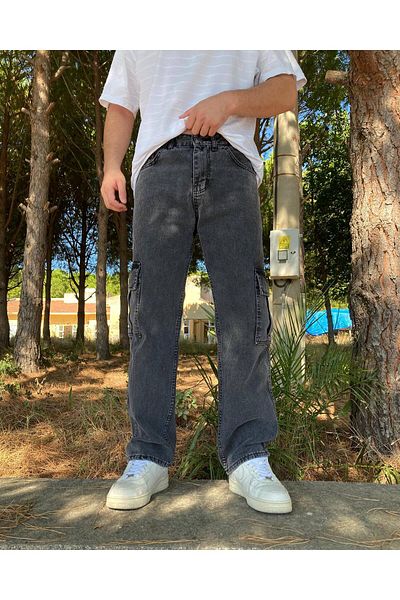 He Brand Ανδρικό γκρι λείανση φαρδύ παντελόνι Cargo Pocket Jeans