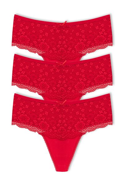 HNX Red Waist Lace Detailed High Waist Thong Women's Panties 3-Pack