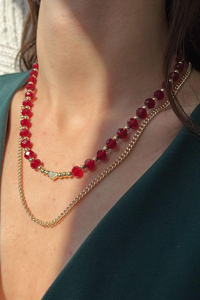 Modex Heart Figured Crystal Bead Double Necklace Gift for Lover